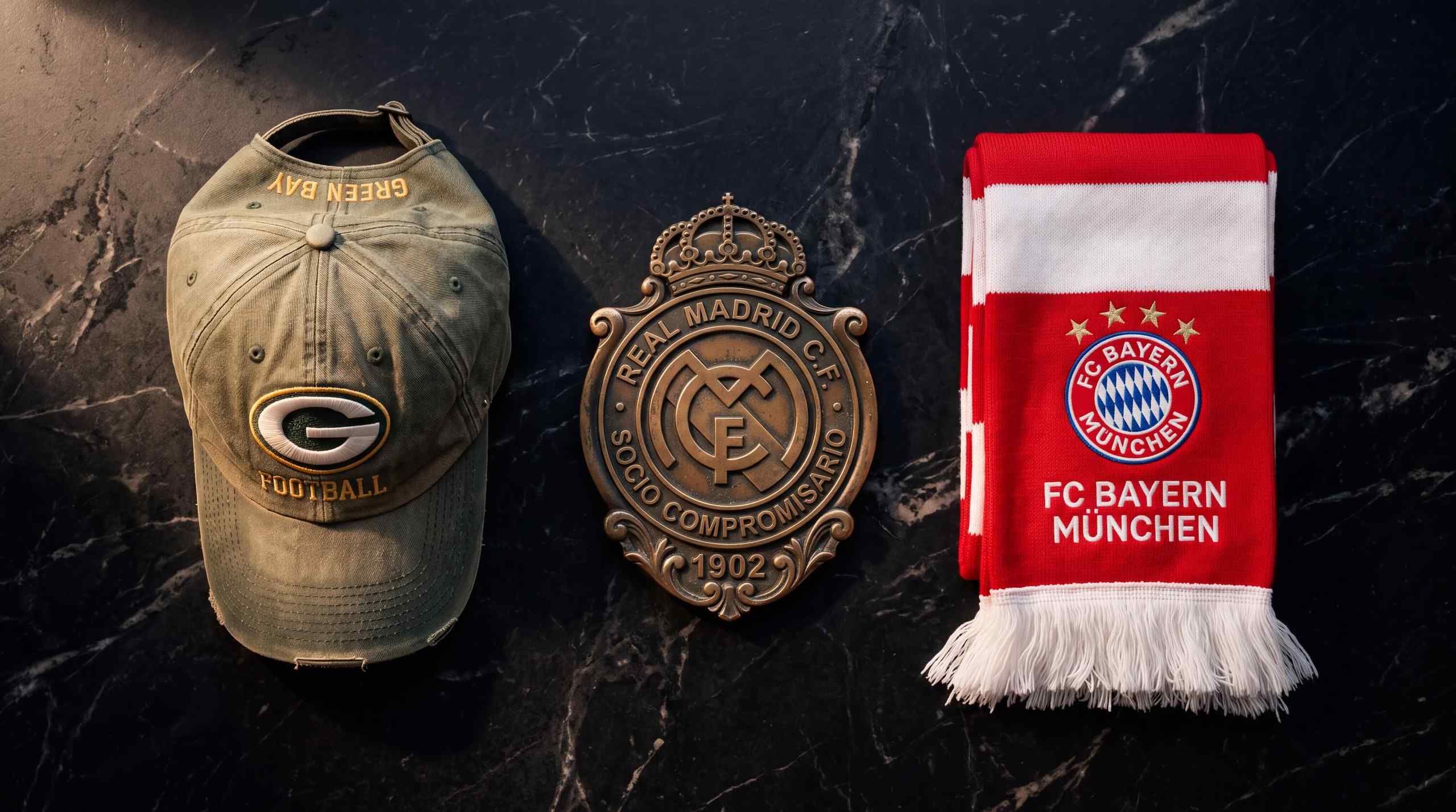 A Green Bay Packers hat, Real Madrid badge and FC Bayern Scarf laid on a countertop.